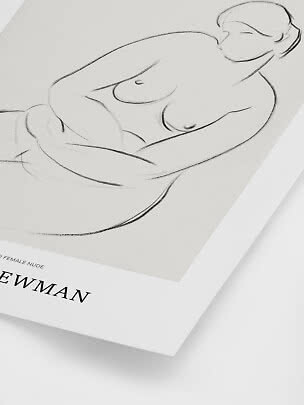 Minimalist poster with line drawing of a reclining nude woman in black on a light background