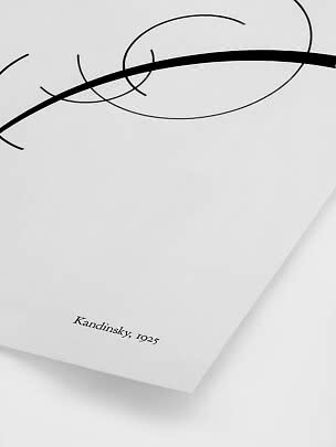 Minimalistisk kunstplakat med sorte buede linjer på hvid baggrund, signeret Kandinsky, 1925