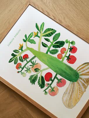 Indrammet botanisk plakat med tomatplante, agurk og kinakål på hvid baggrund