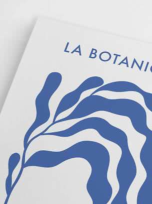 Hvid plakat med blå botanisk illustration og teksten "LA BOTANIC"