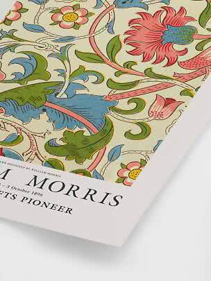 Poster with William Morris-inspired floral pattern in pink, blue, and green tones.