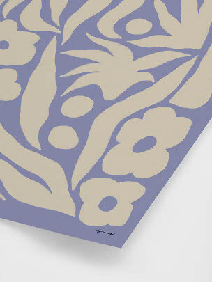 Abstract floral poster in cream on a lavender background with organic leaf and flower shapes