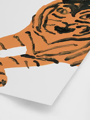 Art mural abstrait avec visage de tigre orange sur fond blanc, affiché en poster au coin replié