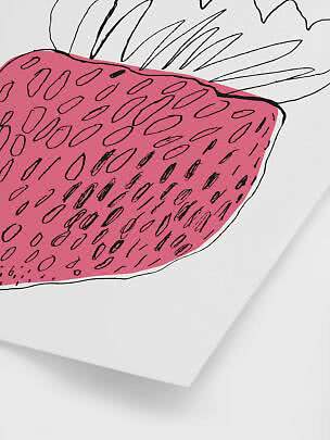 Illustration av ett stort rosa jordgubbe med svarta konturer på vit bakgrund