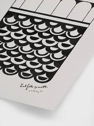 Schwarzweiße grafische Illustration mit wiederholten Halbkreisen und handschriftlicher Signatur unten.