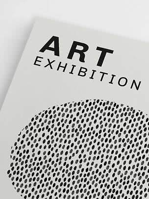 Poster bianco e nero con scritta "ART EXHIBITION" e grande motivo circolare puntinato
