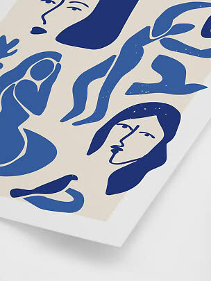 Abstract print with blue organic shapes and stylized faces on a light background