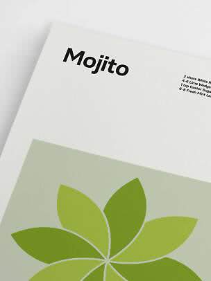 Poster mit dem Schriftzug „Mojito“ und grüner Blattgrafik auf weißem Hintergrund