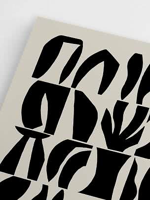 Abstract black and white poster with organic zebra-like shapes on a light background