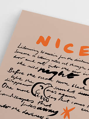 Abstract poster with black handwritten text, orange letters and star on a light pink background