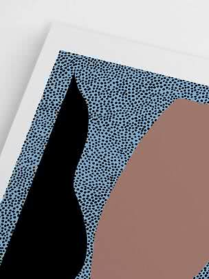 Abstract print with black leaf shape and brown organic form on a light blue dotted background