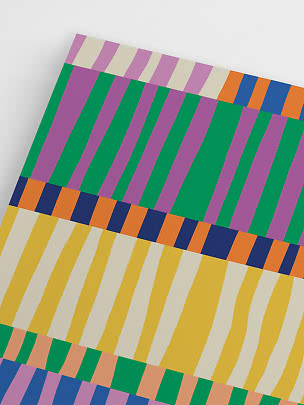 Colorful textile with diagonal stripes in yellow, green, purple, orange, blue and cream