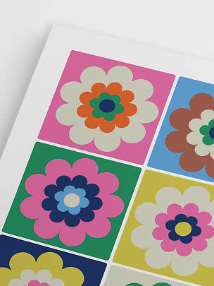Sheet with colorful graphic flowers in square panels