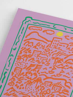 Close-up of purple poster with green border and orange tropical landscape illustration