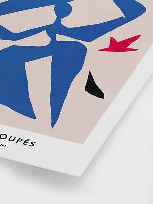 Abstract art print with blue figure and red and black shapes on a light background