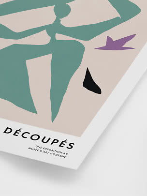 Abstract art poster with green shapes on beige background and the text DéCoupés