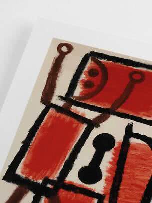 Gros plan d’une affiche d’art abstrait rouge, noire et brune aux formes géométriques