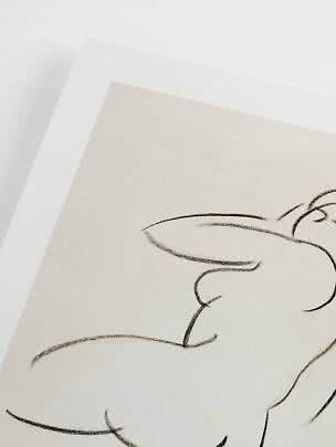 Abstract line drawing of a reclining rabbit on beige paper with white mat border
