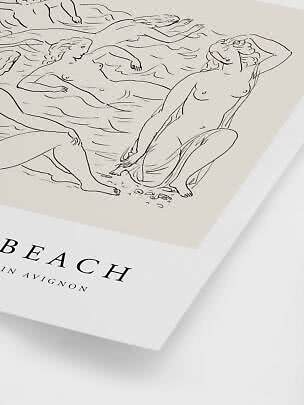 Art print with line drawing of bathing women and the text "The Beach in Avignon"