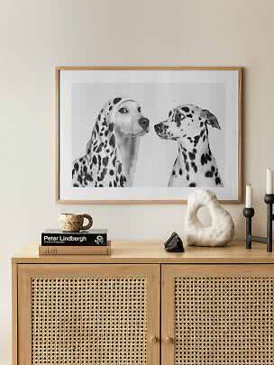 Póster en blanco y negro enmarcado con dos dálmatas sobre un mueble de madera clara