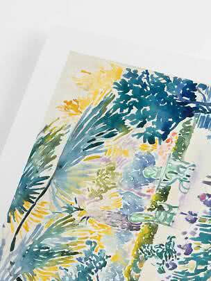 Nahaufnahme eines gerahmten Aquarells mit blaugrünen Blättern und abstrakten Blütendetails