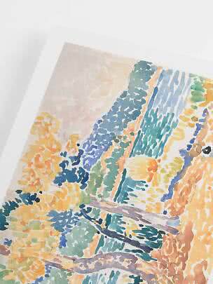 Primer plano de acuarela enmarcada con motivo abstracto de naturaleza en tonos azules y amarillos