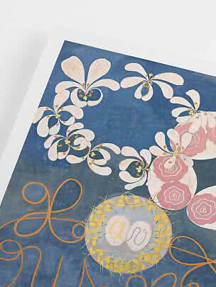 Affiche florale abstraite avec fleurs blanches, cercles roses et lignes orange sur fond bleu foncé