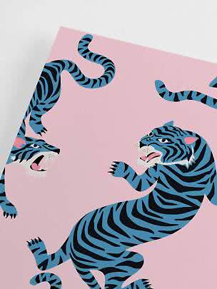 Illustration of blue tigers with black stripes on a light pink background