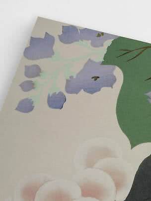 Close-up of floral print with purple bell-shaped flowers and white blooms on a light background
