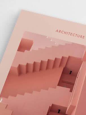 Bokomslag med ordet "ARCHITECTURE" och ett foto av ett rosa geometriskt trapphus
