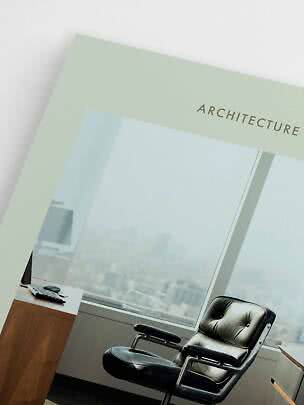 Plakat z napisem „Architecture” na tle nowoczesnego biura z biurkiem i czarnym fotelem