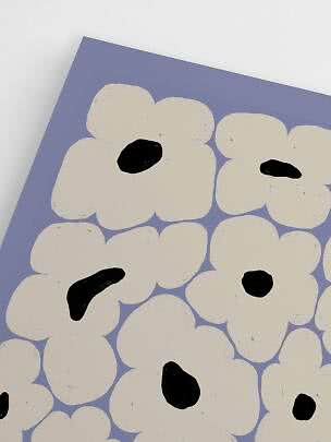 Poster with large white abstract flowers and black centers on a light purple background