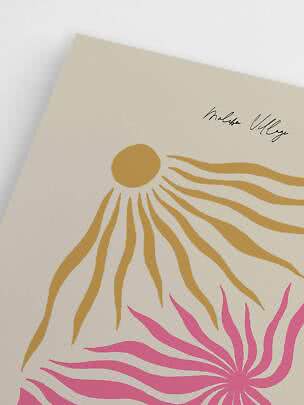 Abstract poster with golden sun rays and pink flower on a beige background