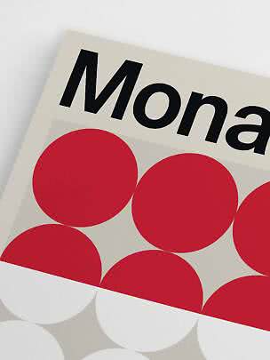 Grafisches Poster mit dem Schriftzug "Mona" und roten sowie weißen Kreisen auf hellem Hintergrund