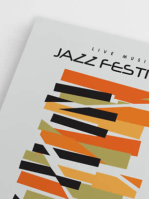 Poster mit "Jazz Festival"-Text und abstrakten orangefarbenen, schwarzen und grünen Streifen auf Weiß
