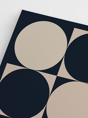 Abstract poster with large beige and dark navy geometric circles and arches