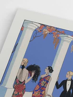 Illustration of party guests in patterned dresses between columns under hanging grapes