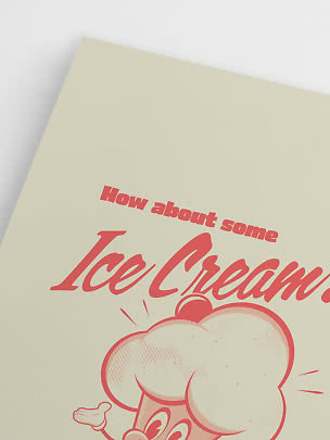 Poster with red 'Ice Cream' text and illustrated ice cream character on a light yellow background