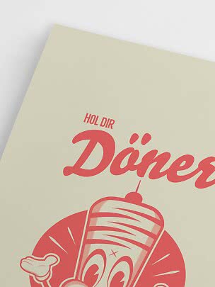 Nahaufnahme eines cremefarbenen Posters mit rotem Retro-Text und Becher-Illustration.