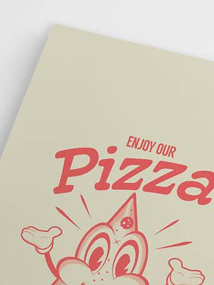 Primer plano de póster color crema con texto rojo de pizza y personaje de pizza ilustrado
