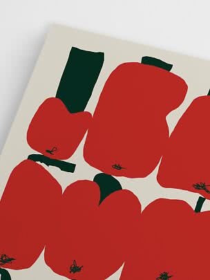 Abstrakt plakat med store røde blomster og mørkegrønne stilke på lys baggrund