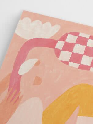 Abstract poster in pink and peach with white shapes, yellow brushstroke and red checkered detail