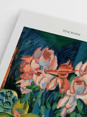 Art print with the text "Pink Roses" and painted pink flowers on a dark background
