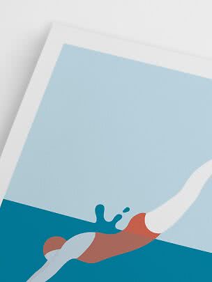 Abstracte poster met zwemmer in water, lichtblauwe achtergrond en witte rand