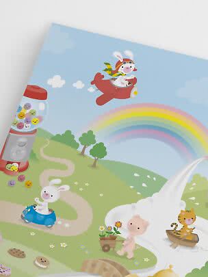 Kolorowa ilustracja dla dzieci z królikami, tęczą, automatem z kulkami, świnką i tygrysem