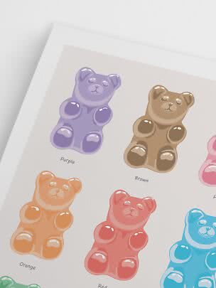 Poster with colorful gummy bears and color names on a white background