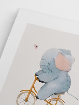 Poster with watercolor blue elephant on a bicycle and a small butterfly