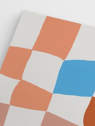 Abstract pattern with wavy blocks in peach, white, blue and brown on a white background