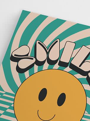 Poster with yellow smiley face and the word "smile" on a green and cream striped background