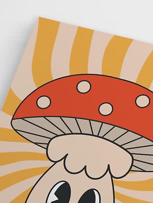 Affiche colorée avec champignon illustré, chapeau rouge et fond à rayures jaunes